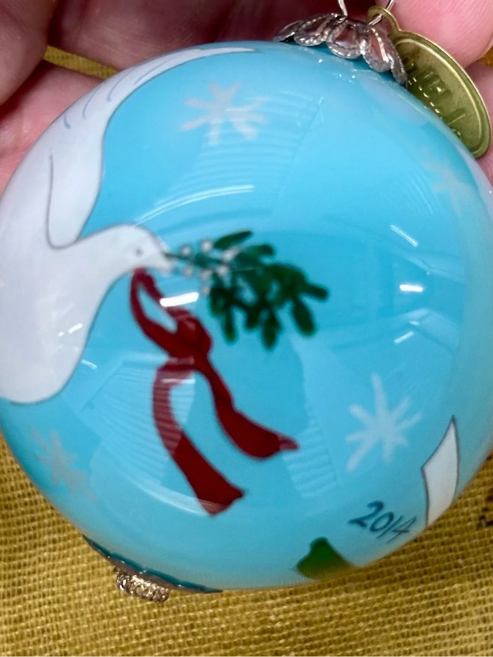 2014 Li Bien Pier 1 Hand Painted Christmas Ornament Blue with White Dove